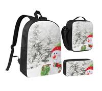 JKLQWC Merry Christmas With Happy Snowman Print School Backpack Set of 3, 17-Inch School Bag with Insulated Lunch Bag & Pencil Case for Students Teens Girls Boys