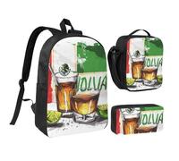 JKLQWC Mexico Flag and Tequila Print Backpack Set 3-Piece, 17-Inch School Bag with Insulated Lunch Bag & Pencil Case for Students Teens Girls Boys