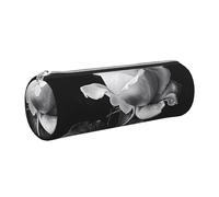 JKLQWC Monochrome Rose Printed Cylinder Pencil Case with Silver Zipper - Lightweight Leather Organizer for School, Office, Travel, Makeup