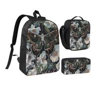 JKLQWC Moth That Looks Like a Peacock Print Backpack Set 3-Piece, 17-Inch School Bag with Insulated Lunch Bag & Pencil Case for Students Teens Girls Boys