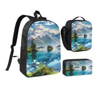 JKLQWC Mountain Lake View Sunny Day Nature Print Backpack Set 3-Piece, 17-Inch School Bag with Insulated Lunch Bag & Pencil Case for Students Teens Girls Boys