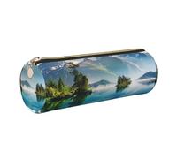 JKLQWC Mountain Lake View Sunny Day Nature Printed Cylinder Pencil Case with Gold Zipper - Lightweight Leather Organizer for School, Office, Travel, Makeup