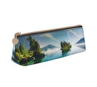 JKLQWC Mountain Lake View Sunny Day Nature Printed Triangle Pencil Case with Zipper - Lightweight Leather Organizer for School, Office, Travel, Makeup