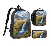 JKLQWC Mountain Waterfall Print Backpack Set 3-Piece, 17-Inch School Bag with Insulated Lunch Bag & Pencil Case for Students Teens Girls Boys