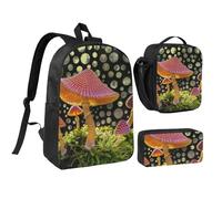 JKLQWC Mushroom Print Backpack Set 3-Piece, 17-Inch School Bag with Insulated Lunch Bag & Pencil Case for Students Teens Girls Boys