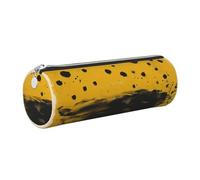JKLQWC Mustard Yellow and Black Printed Cylinder Pencil Case with Silver Zipper - Lightweight Leather Organizer for School, Office, Travel, Makeup