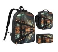 JKLQWC New York Manhattan Bridge Night Print Backpack Set 3-Piece, 17-Inch School Bag with Insulated Lunch Bag & Pencil Case for Students Teens Girls Boys