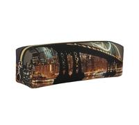 JKLQWC New York Manhattan Bridge Night Printed Leather Pencil Case with Gold Zipper - Simple and Lightweight Organizer for School, Office, Travel, Makeup