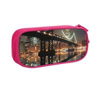 JKLQWC New York Manhattan Bridge Night Printed Pencil Case Cute Pen Pencil Box Bag Zipper Storage Organizer Box Holder for Office School Teen Girl Boy Adult,Pink