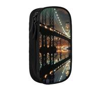 JKLQWC New York Manhattan Bridge Night Printed Pencil Case Cute Pen Pouch Large Pen Bag Portable Storage Organizer Box for Office School Teen Girl Boy Adult,Black