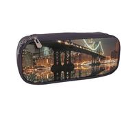 JKLQWC New York Manhattan Bridge Night Printed PU Leather Pencil Case Cute Pen Pencil Box Bag Zipper Office School Pencil Pouch Organizer for Students Teen Girls Boys Adult