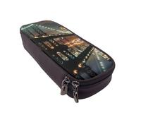 JKLQWC New York Manhattan Bridge Night Prints Pencil Case for Girls Boys Cute PU Leather Pen Pencil Box Bag Zipper Pencil Pouch Organizer for Office School