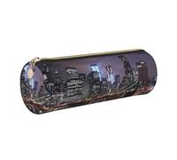 JKLQWC New York Night Printed Cylinder Pencil Case with Gold Zipper - Lightweight Leather Organizer for School, Office, Travel, Makeup