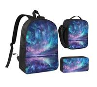 JKLQWC Northern Lights Print Backpack Set 3-Piece, 17-Inch School Bag with Insulated Lunch Bag & Pencil Case for Students Teens Girls Boys