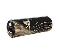 JKLQWC Novel Music Note Printed Cylinder Pencil Case with Silver Zipper - Lightweight Leather Organizer for School, Office, Travel, Makeup