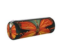 JKLQWC Orange Butterfly Printed Cylinder Pencil Case with Silver Zipper - Lightweight Leather Organizer for School, Office, Travel, Makeup