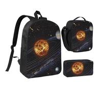 JKLQWC Outer Space Galaxy Solar System Print Backpack Set 3-Piece, 17-Inch School Bag with Insulated Lunch Bag & Pencil Case for Students Teens Girls Boys