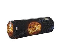 JKLQWC Outer Space Galaxy Solar System Printed Cylinder Pencil Case with Silver Zipper - Lightweight Leather Organizer for School, Office, Travel, Makeup