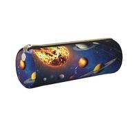 JKLQWC Outer Space Solar System Printed Cylinder Pencil Case with Gold Zipper - Lightweight Leather Organizer for School, Office, Travel, Makeup