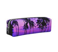 JKLQWC Palm Tree Purple Sunset Printed Leather Pencil Case with Silver Zipper - Simple and Lightweight Organizer for School, Office, Travel, Makeup