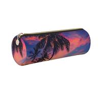 JKLQWC Palm Tree Sunset Printed Cylinder Pencil Case with Gold Zipper - Lightweight Leather Organizer for School, Office, Travel, Makeup