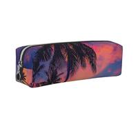 JKLQWC Palm Tree Sunset Printed Leather Pencil Case with Silver Zipper - Simple and Lightweight Organizer for School, Office, Travel, Makeup