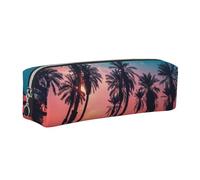 JKLQWC Palm Tree Sunset Printed Leather Pencil Case with Silver Zipper - Simple and Lightweight Organizer for School, Office, Travel, Makeup