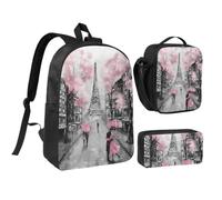 JKLQWC Paris Street Eiffel Tower Pink Floral Print School Backpack Set of 3, 17-Inch School Bag with Insulated Lunch Bag & Pencil Case for Students Teens Girls Boys