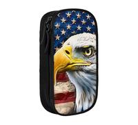 JKLQWC Patriotic Bald Eagle with American Flag Printed Pencil Case Cute Pen Pouch Large Pen Bag Portable Storage Organizer Box for Office School Teen Girl Boy Adult,Black