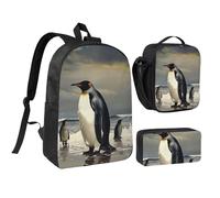 JKLQWC Penguin Print Backpack Set 3-Piece, 17-Inch School Bag with Insulated Lunch Bag & Pencil Case for Students Teens Girls Boys