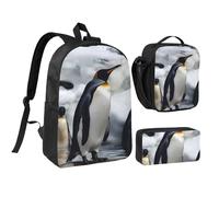 JKLQWC Penguin Print Backpack Set 3-Piece, 17-Inch School Bag with Insulated Lunch Bag & Pencil Case for Students Teens Girls Boys