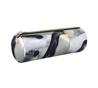 JKLQWC Penguin Printed Cylinder Pencil Case with Gold Zipper - Lightweight Leather Organizer for School, Office, Travel, Makeup