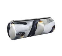 JKLQWC Penguin Printed Cylinder Pencil Case with Silver Zipper - Lightweight Leather Organizer for School, Office, Travel, Makeup