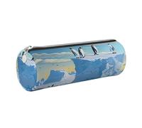 JKLQWC Penguins On The Iceberg Print Printed Cylinder Pencil Case with Silver Zipper - Lightweight Leather Organizer for School, Office, Travel, Makeup