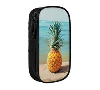 JKLQWC Pineapple by The Sea Printed Pencil Case Cute Pen Pouch Large Pen Bag Portable Storage Organizer Box for Office School Teen Girl Boy Adult,Black