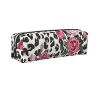 JKLQWC Pink Rose and Leopard Printed Leather Pencil Case with Silver Zipper - Simple and Lightweight Organizer for School, Office, Travel, Makeup