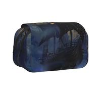 JKLQWC Pirate Sailboat Full Moon Prints Pencil Case for Kids Men Women, Two Layers Large Capacity Pencil Pouch Makeup Bag Organizer for Office School Travel