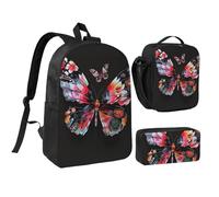 JKLQWC Pretty Butterfly Print Print Backpack Set 3-Piece, 17-Inch School Bag with Insulated Lunch Bag & Pencil Case for Students Teens Girls Boys