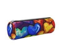 JKLQWC Rainbow Colored Gay Pride Hearts Printed Cylinder Pencil Case with Silver Zipper - Lightweight Leather Organizer for School, Office, Travel, Makeup