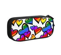 JKLQWC Rainbow Colored Gay Pride Hearts Printed Pencil Case Cute Pen Pencil Box Bag Zipper Storage Organizer Box Holder for Office School Teen Girl Boy Adult,Black
