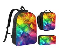 JKLQWC Rainbow Geometric Print Backpack Set 3-Piece, 17-Inch School Bag with Insulated Lunch Bag & Pencil Case for Students Teens Girls Boys