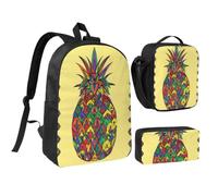 JKLQWC Rainbow Pineapple Print School Backpack Set of 3, 17-Inch School Bag with Insulated Lunch Bag & Pencil Case for Students Teens Girls Boys
