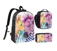 JKLQWC Rainbow Zebra Print School Backpack Set of 3, 17-Inch School Bag with Insulated Lunch Bag & Pencil Case for Students Teens Girls Boys