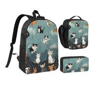 JKLQWC Raining Cats & Dogs Print Backpack Set 3-Piece, 17-Inch School Bag with Insulated Lunch Bag & Pencil Case for Students Teens Girls Boys