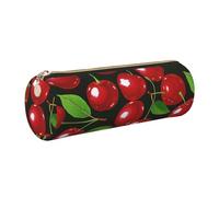 JKLQWC Red Cherries Printed Cylinder Pencil Case with Gold Zipper - Lightweight Leather Organizer for School, Office, Travel, Makeup