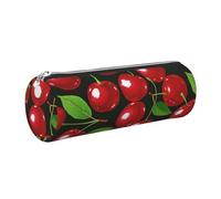 JKLQWC Red Cherries Printed Cylinder Pencil Case with Silver Zipper - Lightweight Leather Organizer for School, Office, Travel, Makeup