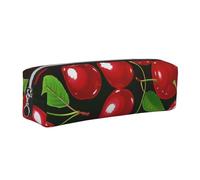 JKLQWC Red Cherries Printed Leather Pencil Case with Silver Zipper - Simple and Lightweight Organizer for School, Office, Travel, Makeup