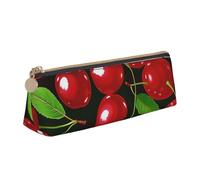 JKLQWC Red Cherries Printed Triangle Pencil Case with Zipper - Lightweight Leather Organizer for School, Office, Travel, Makeup