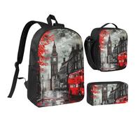 JKLQWC Red London Street Print Backpack Set 3-Piece, 17-Inch School Bag with Insulated Lunch Bag & Pencil Case for Students Teens Girls Boys