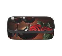 JKLQWC Red Rose and Wine Romantic Lovers Decor Printed Pencil Case Cute Pen Pencil Box Bag Large Capacity Compartment Zipper Pencil Pouch Organizer for Office School Travel